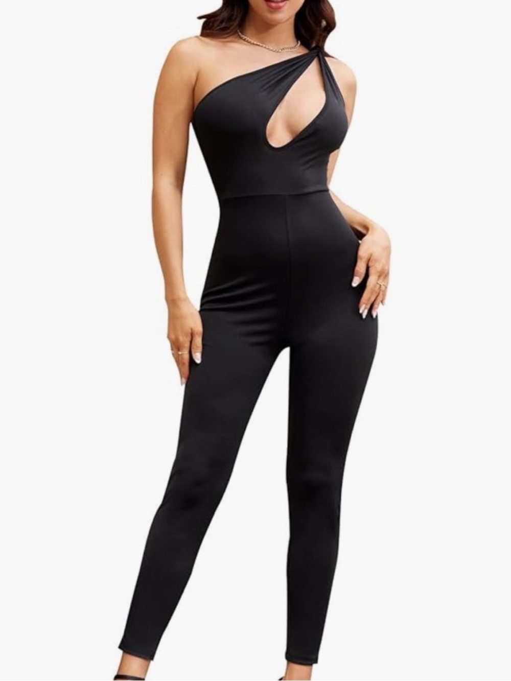 WDIRARA Women's Cut Out One Shoulder Bodycon Backless Jumpsuit- Black. Size S